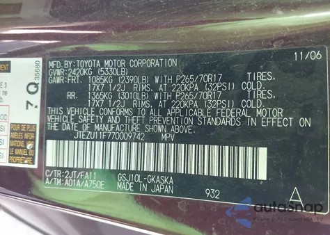 2007 Toyota Fj Cruiser из США, поврежденный, VIN JTEZU11F770009742